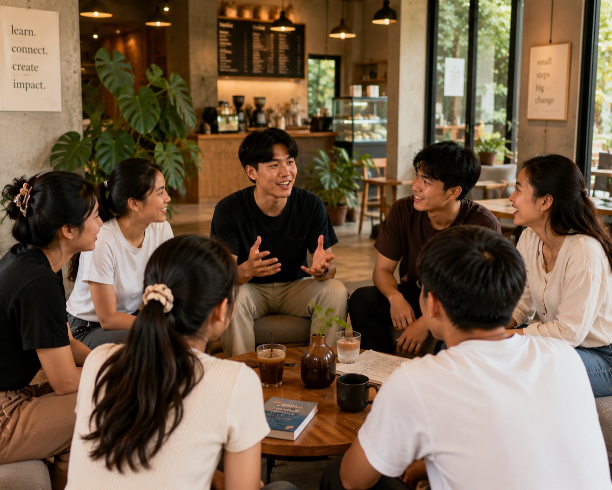 Young learners sitting together in a cafe